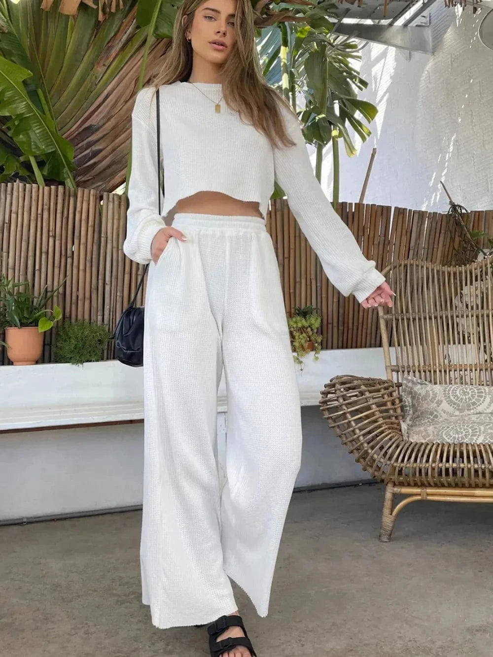 Waffle - Knit Round Neck Top and Pants Set - ShalayeFashion
