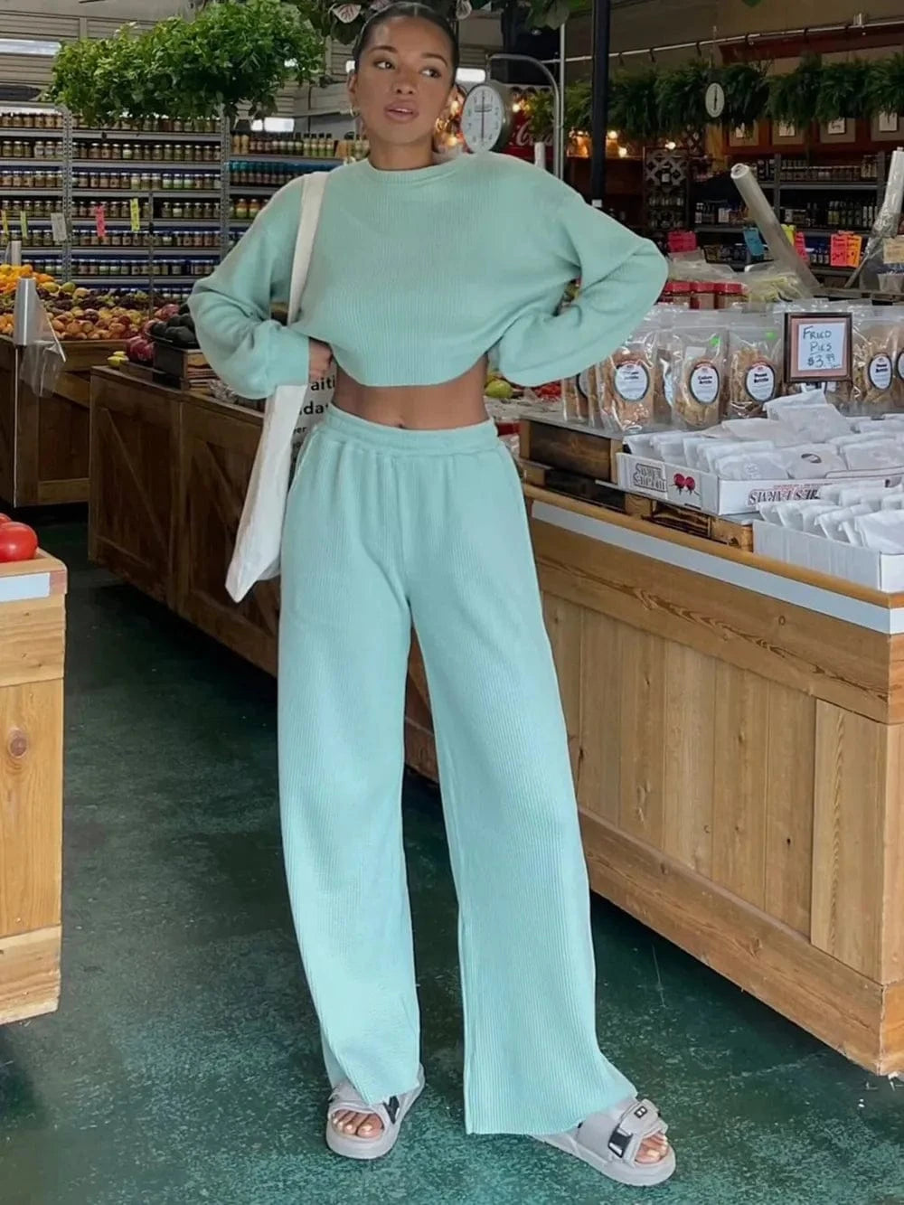 Waffle - Knit Round Neck Top and Pants Set - ShalayeFashion