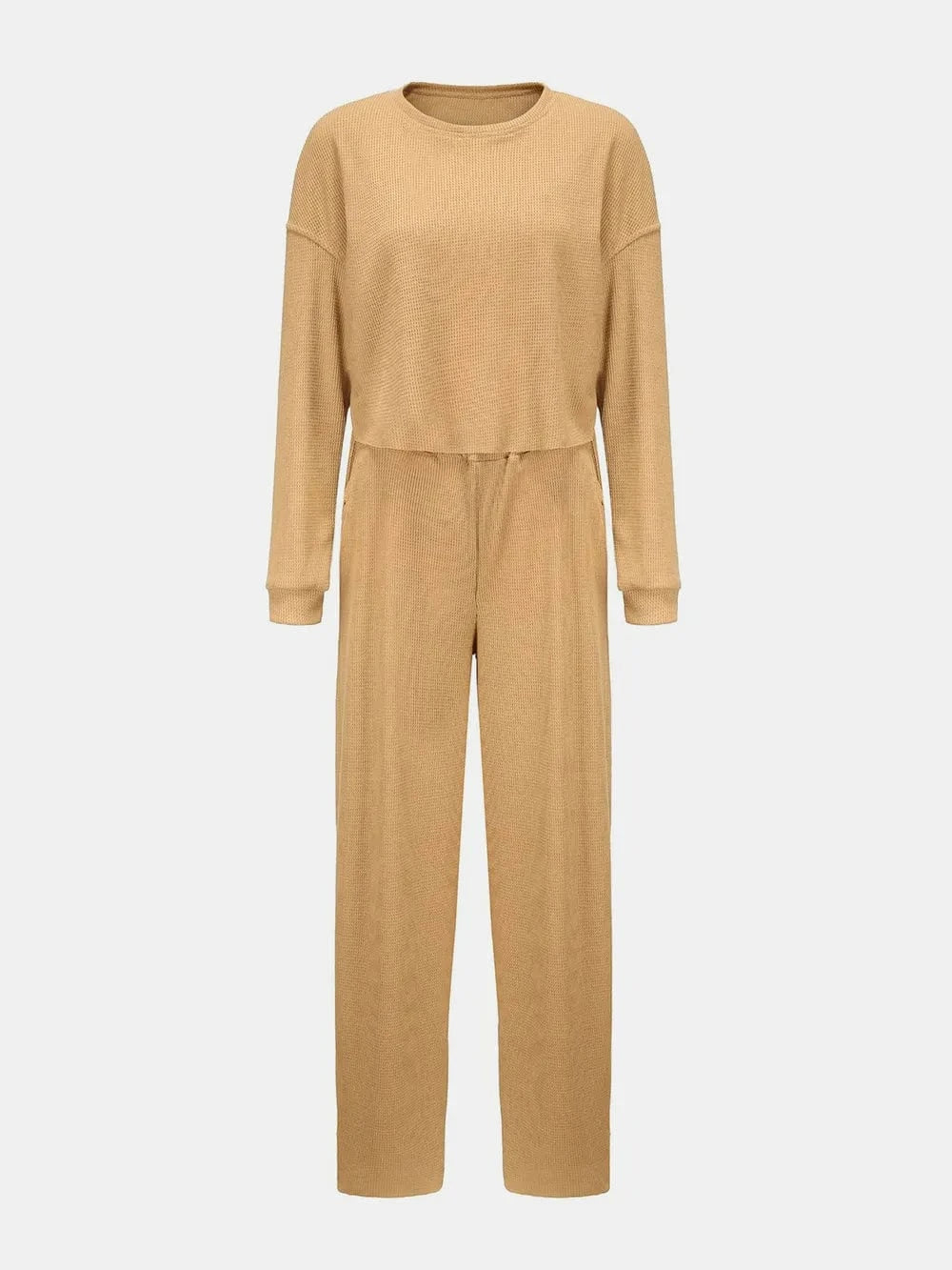 Waffle - Knit Round Neck Top and Pants Set - ShalayeFashion