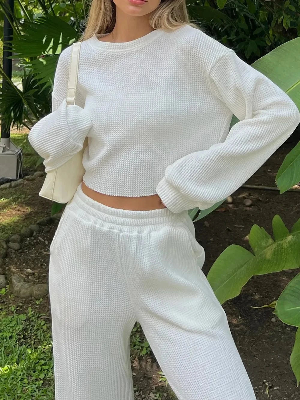 Waffle - Knit Round Neck Top and Pants Set - ShalayeFashion