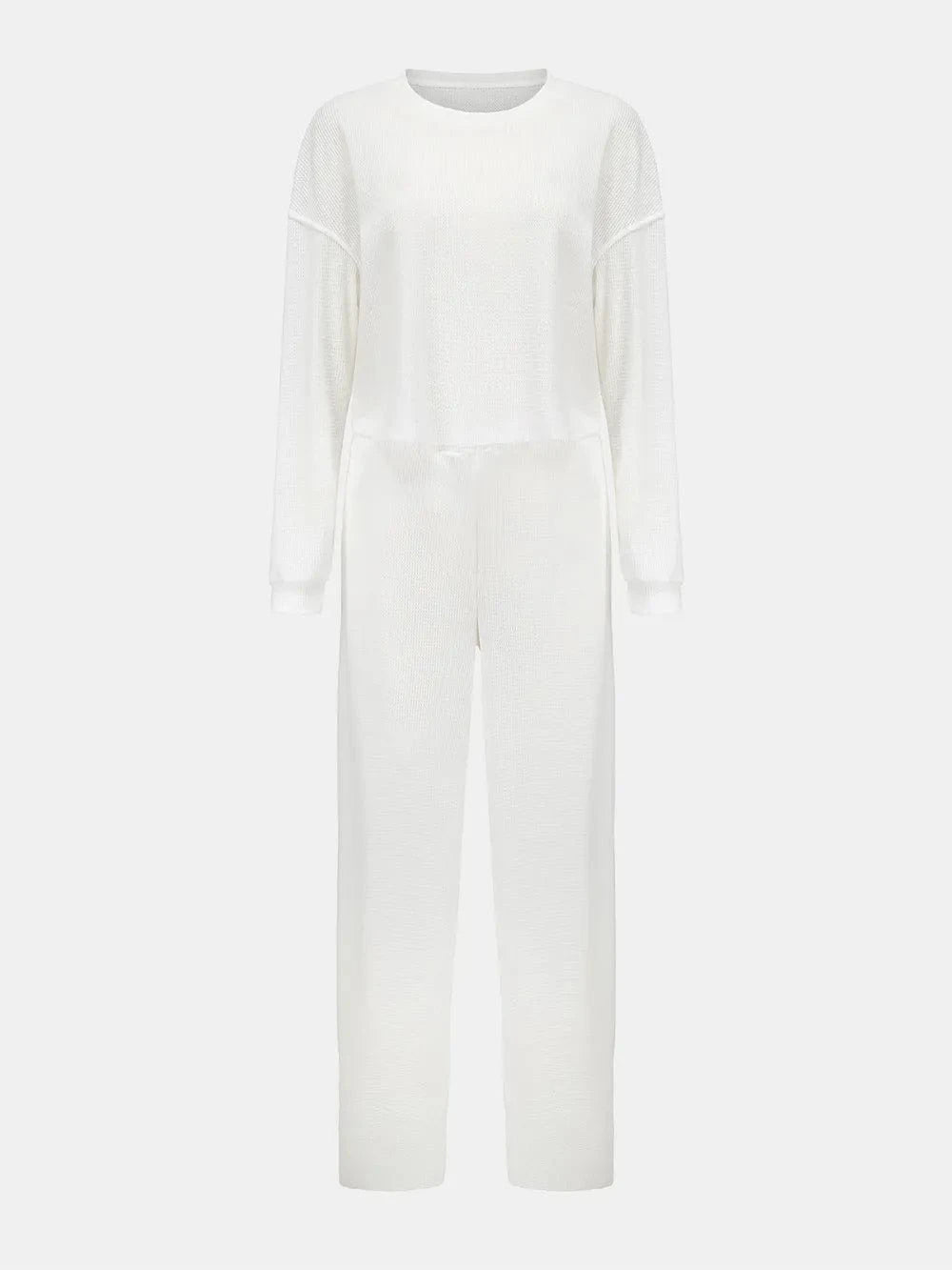 Waffle - Knit Round Neck Top and Pants Set - ShalayeFashion