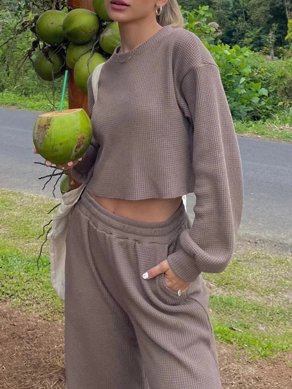 Waffle - Knit Round Neck Top and Pants Set - ShalayeFashion