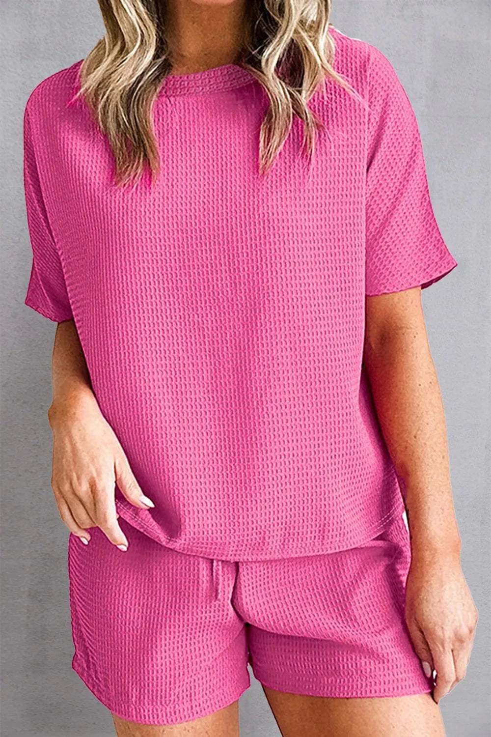 Waffle - Knit Round Neck Top and Shorts Set - ShalayeFashion