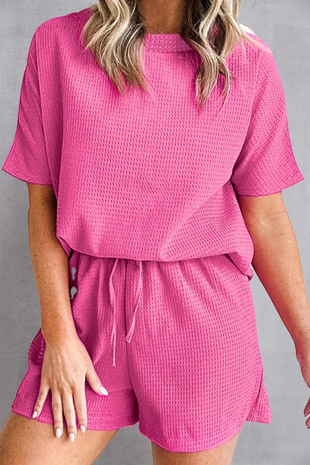 Waffle - Knit Round Neck Top and Shorts Set - ShalayeFashion