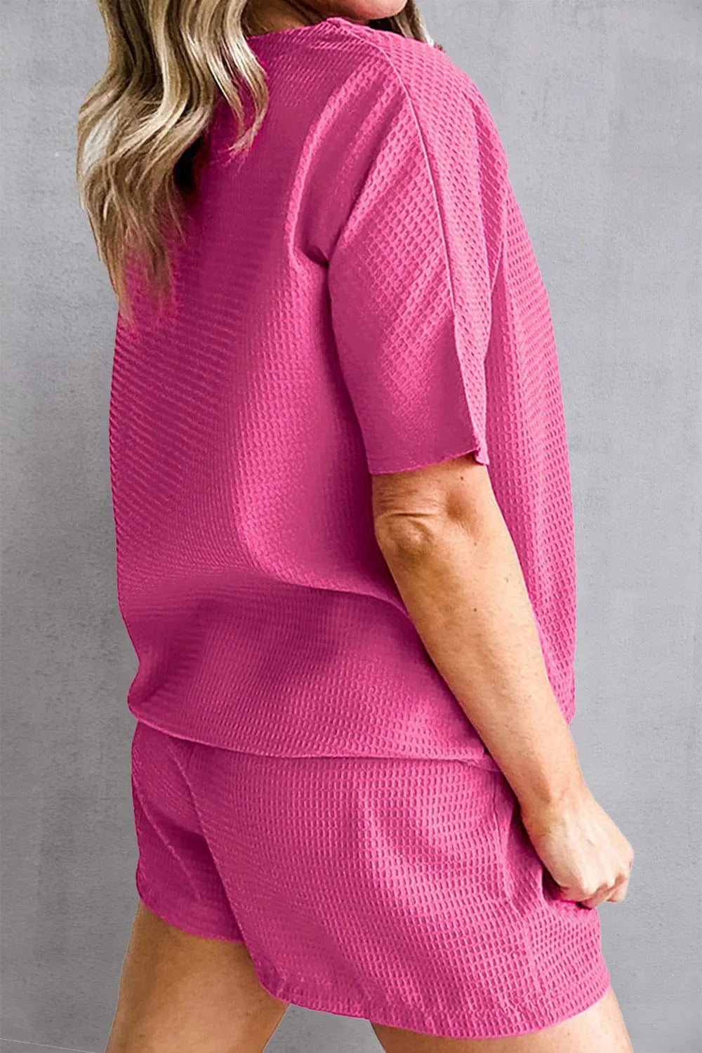 Waffle - Knit Round Neck Top and Shorts Set - ShalayeFashion
