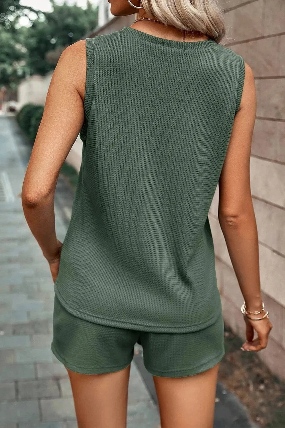 Waffle - Knit Round Neck Top and Shorts Set - ShalayeFashion