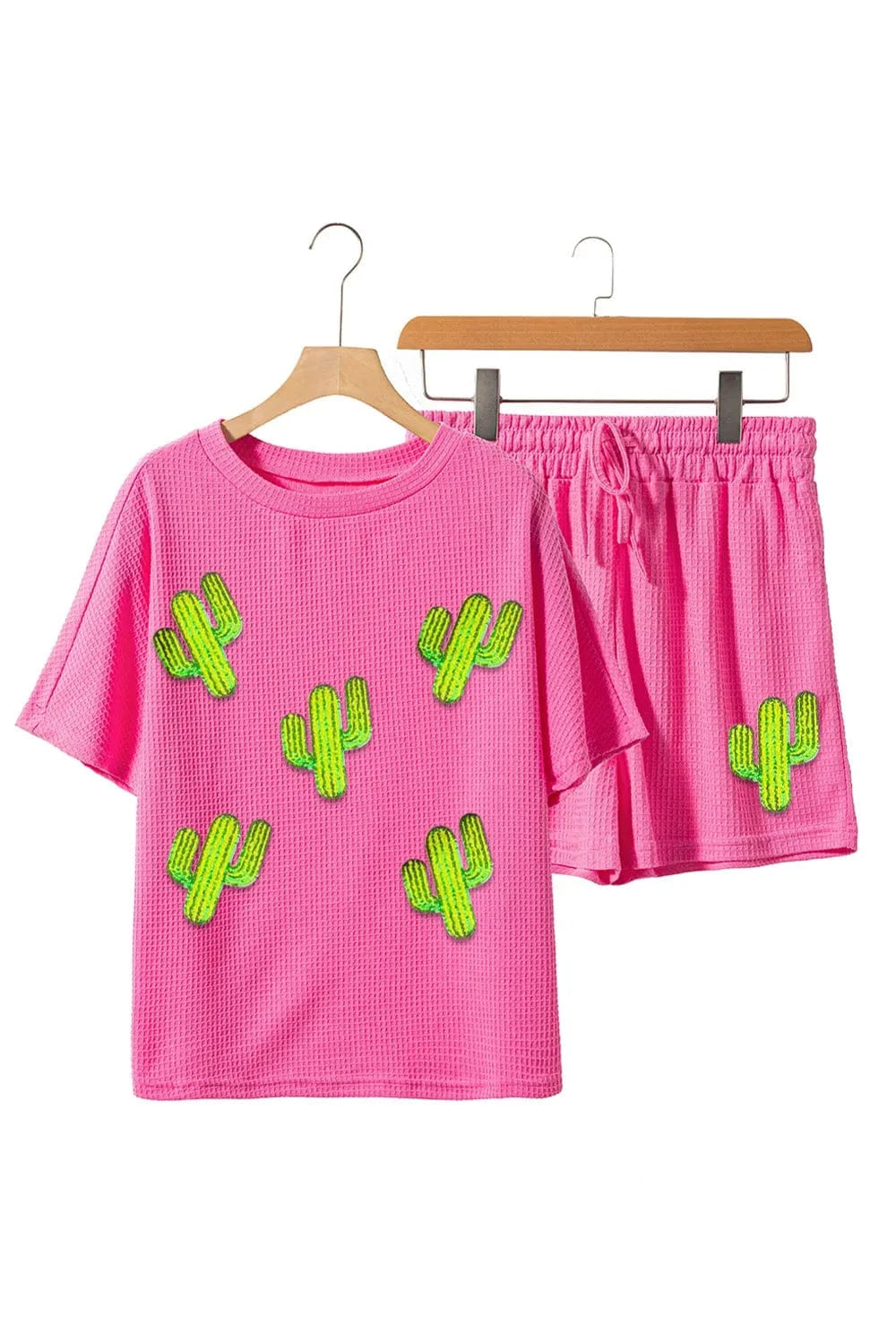 Waffle - Knit Round Neck Top and Shorts Set - ShalayeFashion