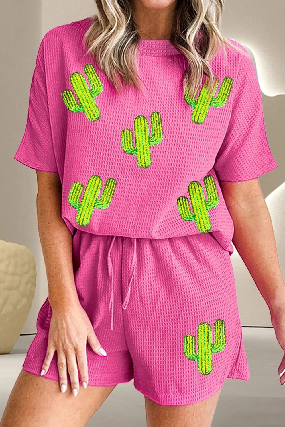Waffle - Knit Round Neck Top and Shorts Set - ShalayeFashion
