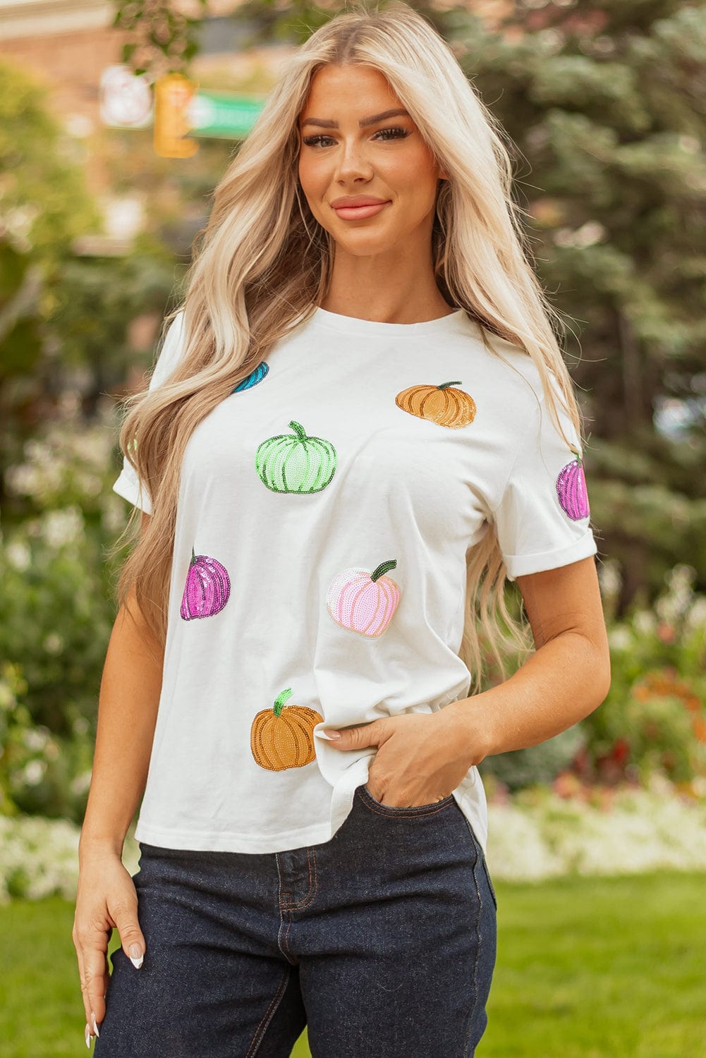 White Sequin Pumpkin Patch T-Shirt - ShalayeFashion