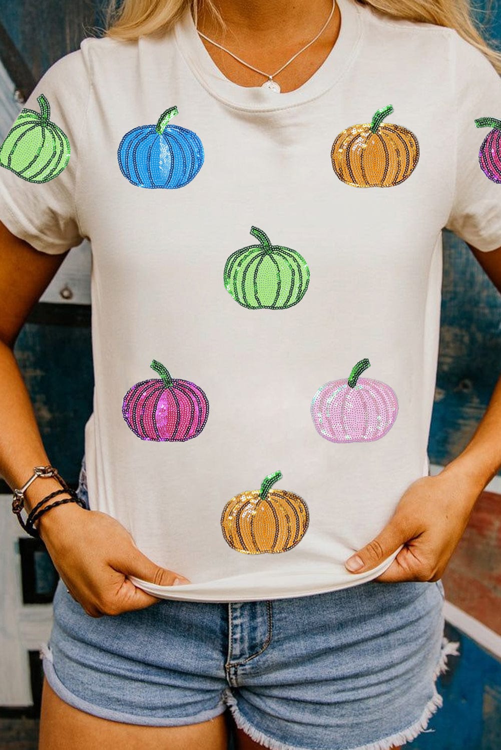 White Sequin Pumpkin Patch T-Shirt - ShalayeFashion