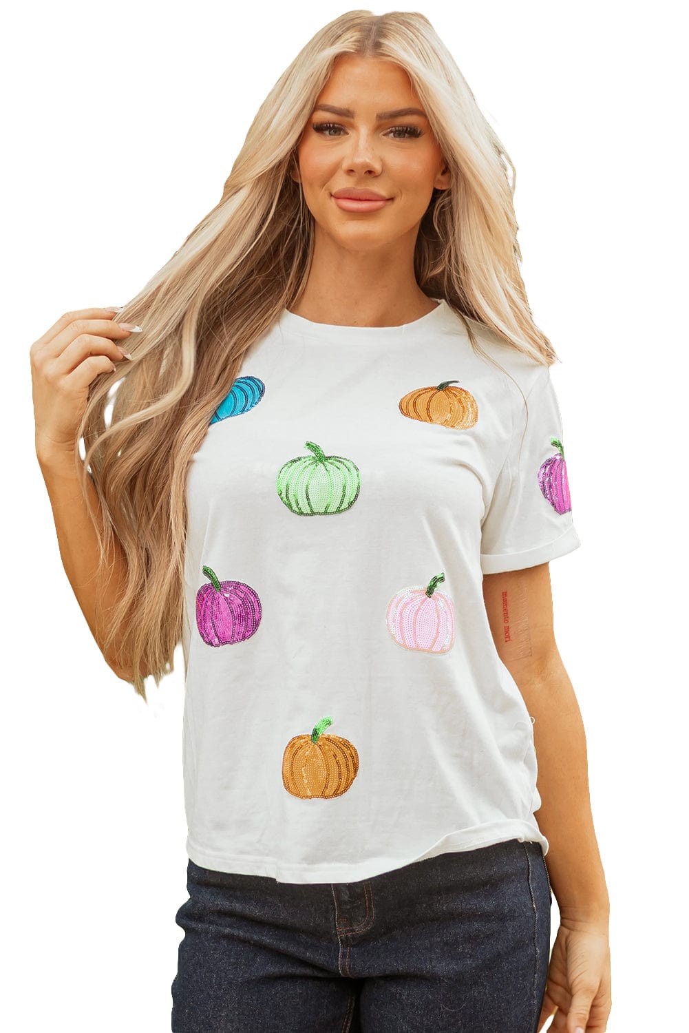 White Sequin Pumpkin Patch T-Shirt - ShalayeFashion