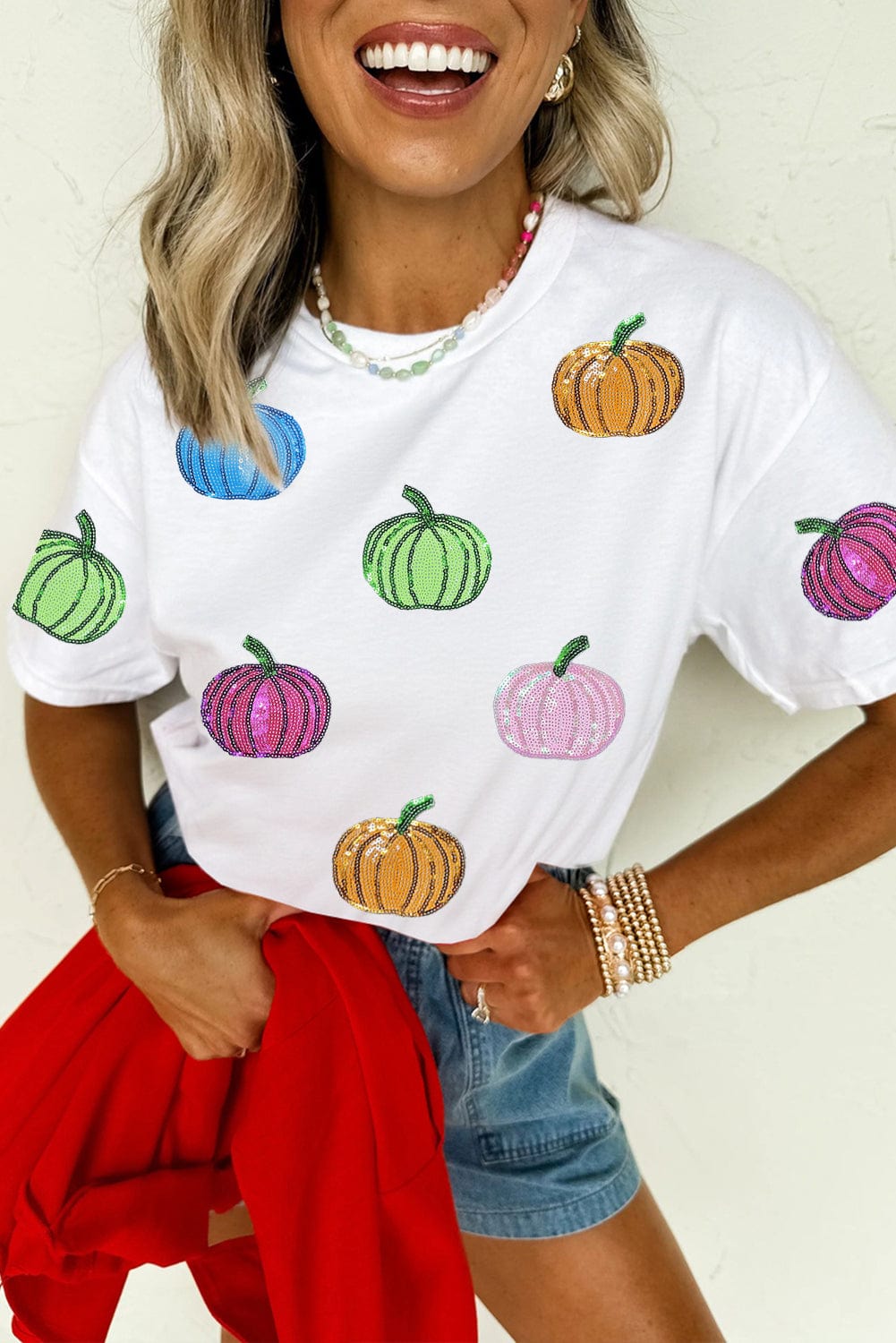 White Sequin Pumpkin Patch T-Shirt - ShalayeFashion