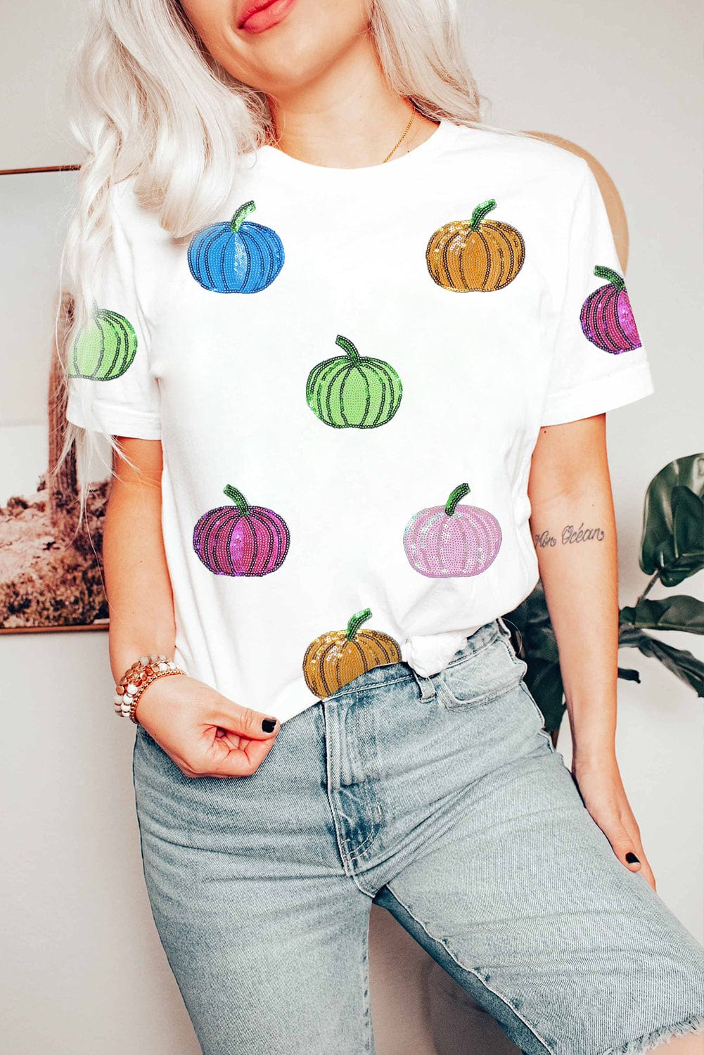 White Sequin Pumpkin Patch T-Shirt - ShalayeFashion