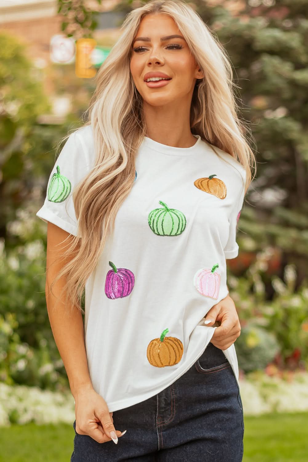 White Sequin Pumpkin Patch T-Shirt - ShalayeFashion