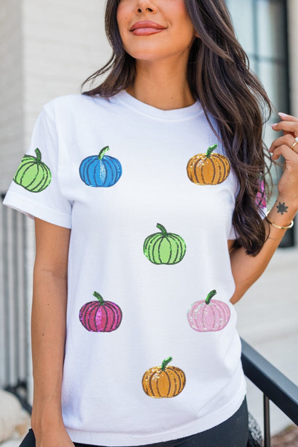 White Sequin Pumpkin Patch T-Shirt - ShalayeFashion