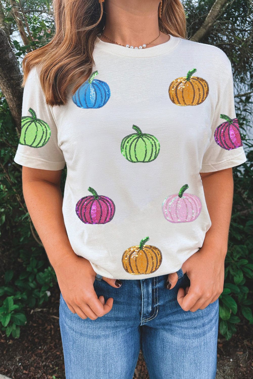 White Sequin Pumpkin Patch T-Shirt - ShalayeFashion