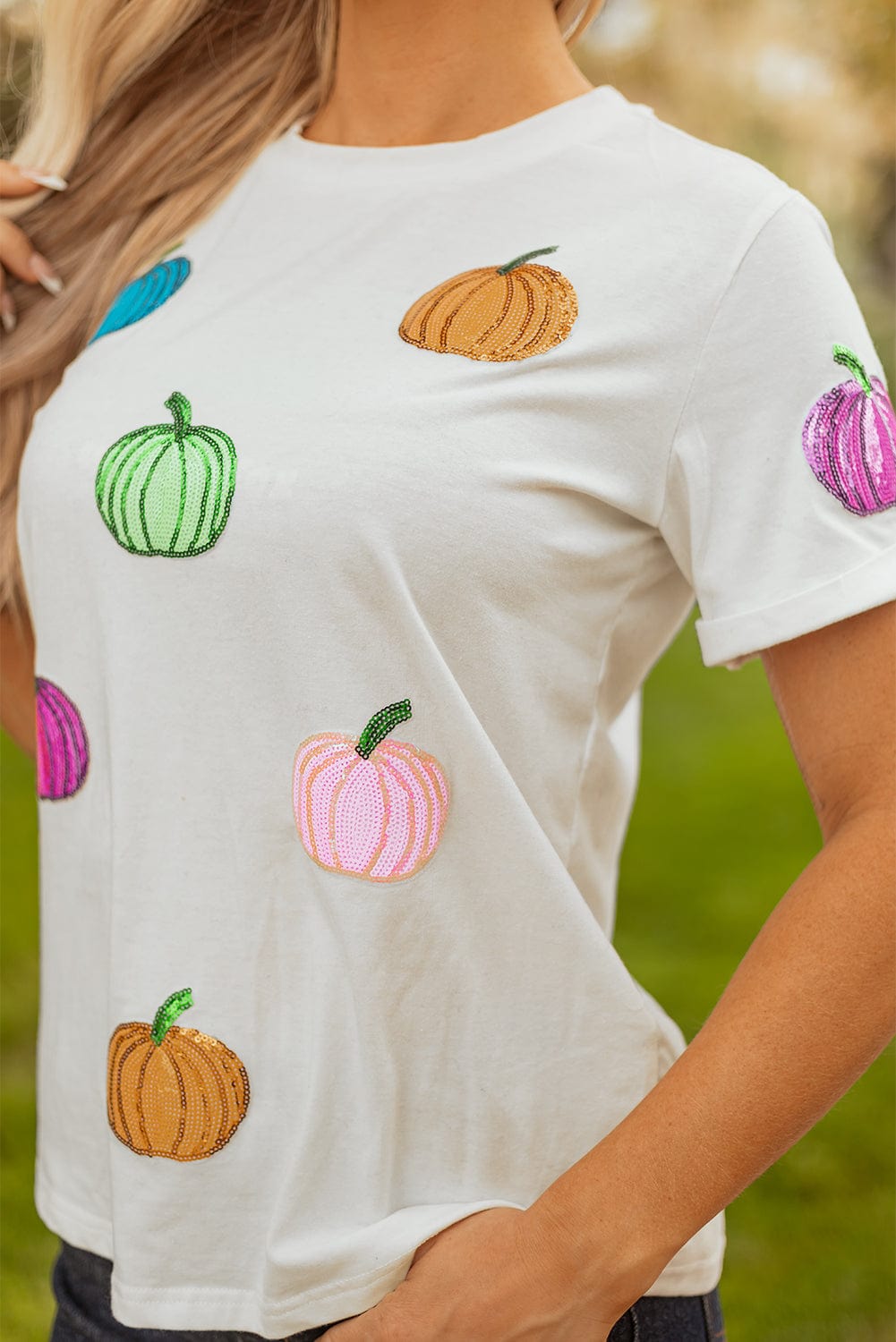 White Sequin Pumpkin Patch T-Shirt - ShalayeFashion