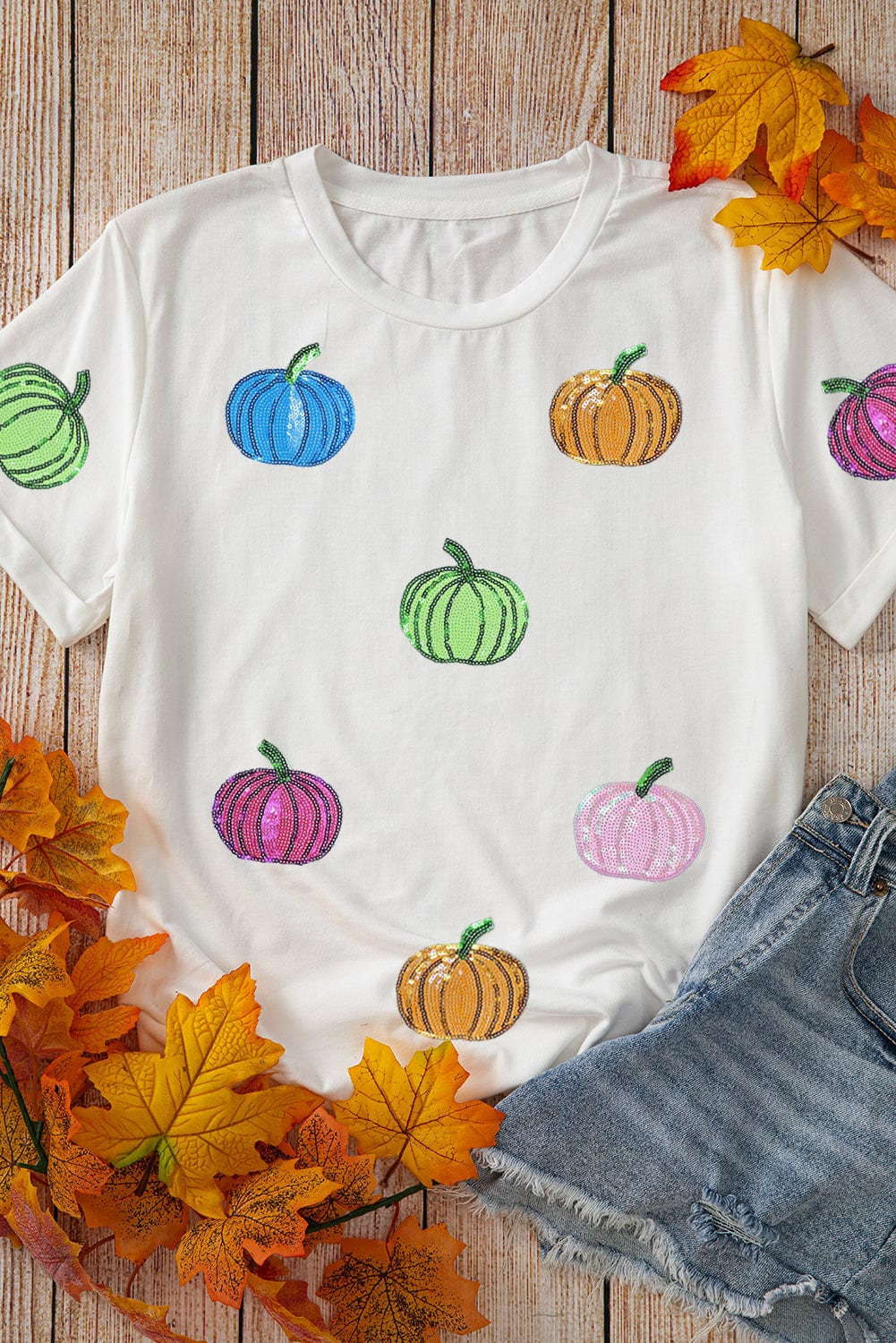 White Sequin Pumpkin Patch T-Shirt - ShalayeFashion