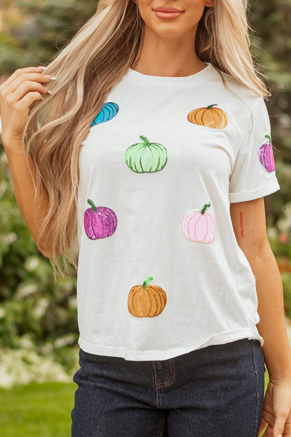 White Sequin Pumpkin Patch T-Shirt - ShalayeFashion