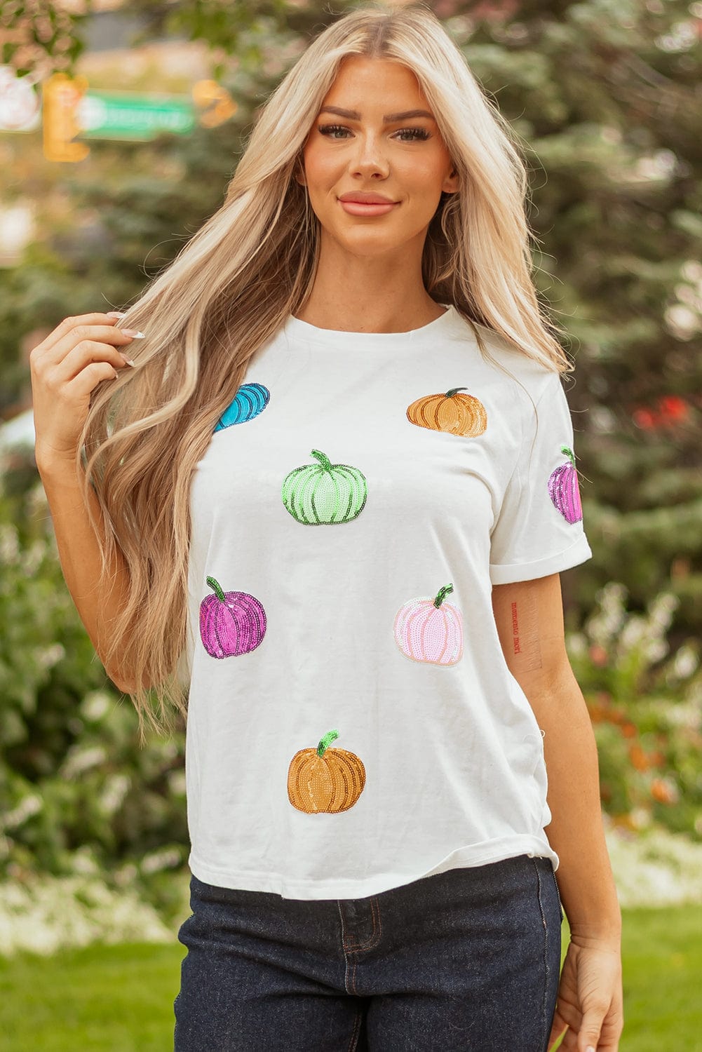 White Sequin Pumpkin Patch T-Shirt - ShalayeFashion