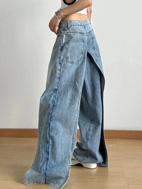 Wide Leg Wash Patchwork Jeans - ShalayeFashion