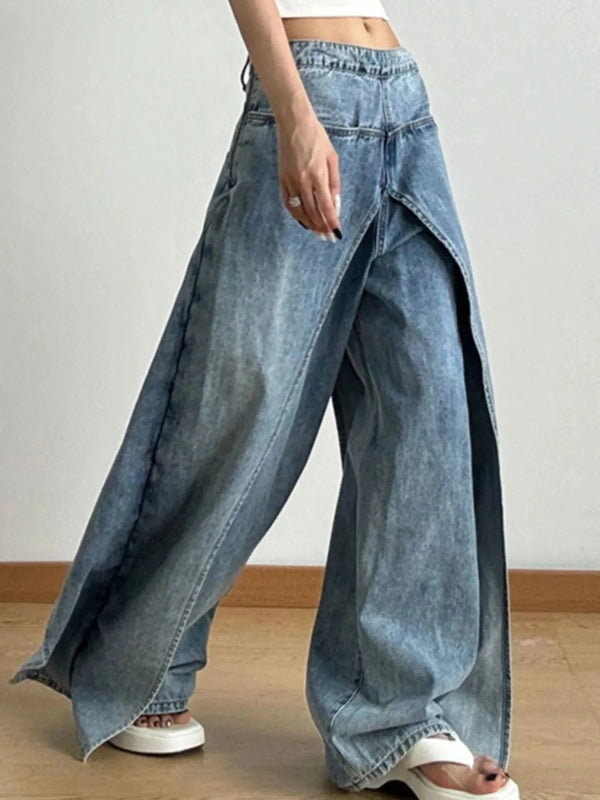 Wide Leg Wash Patchwork Jeans - ShalayeFashion