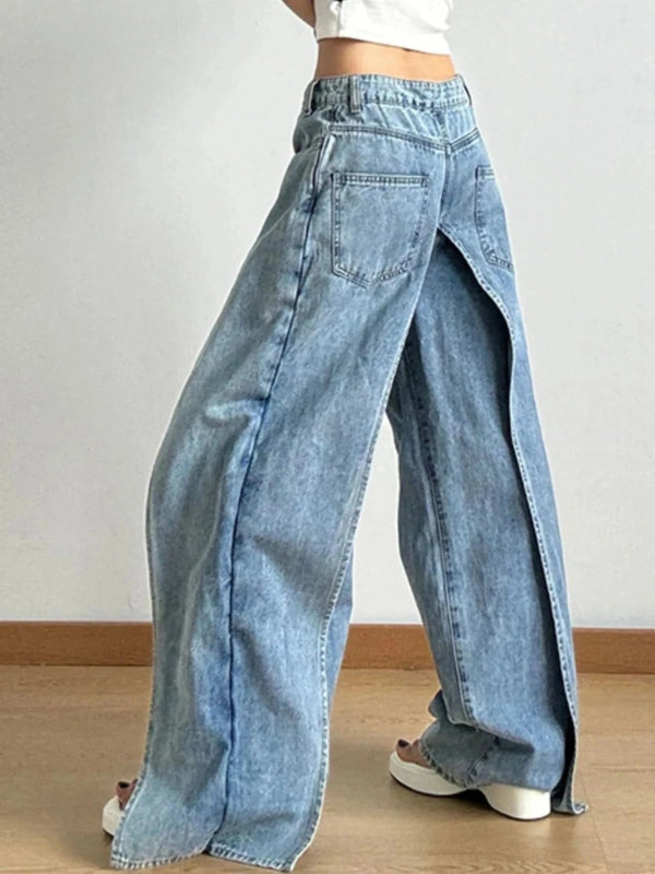 Wide Leg Wash Patchwork Jeans - ShalayeFashion