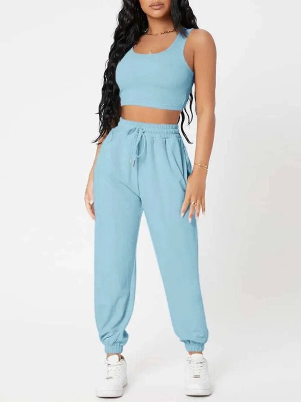 Wide Strap Top and Drawstring Joggers Set - ShalayeFashion