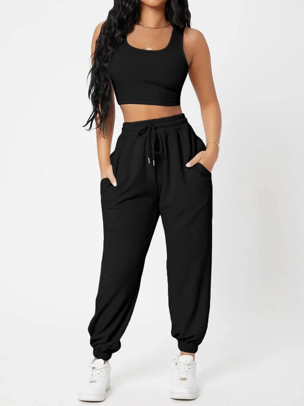 Wide Strap Top and Drawstring Joggers Set - ShalayeFashion
