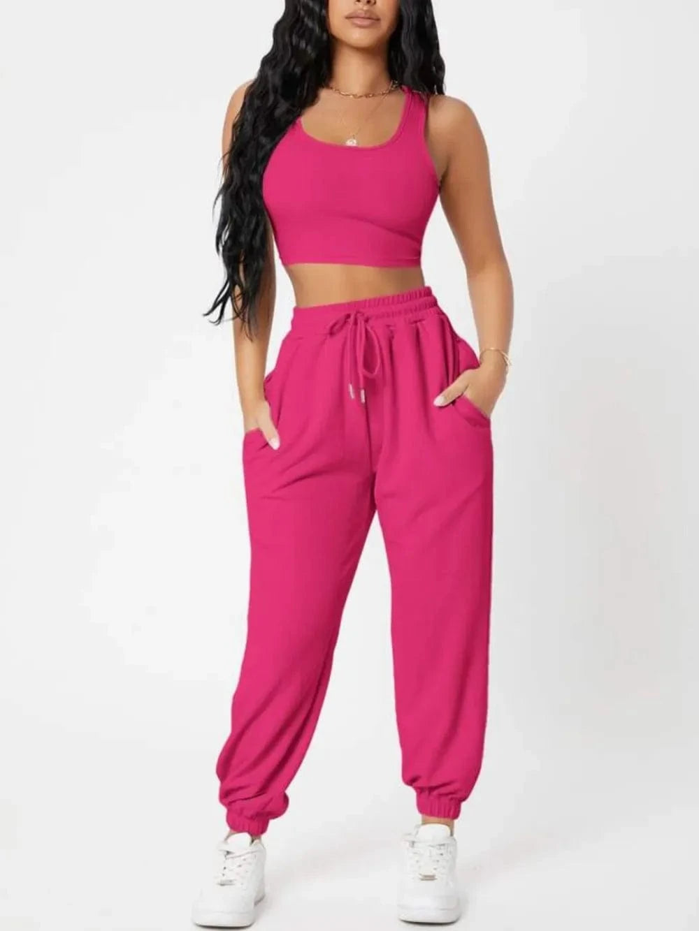 Wide Strap Top and Drawstring Joggers Set - ShalayeFashion