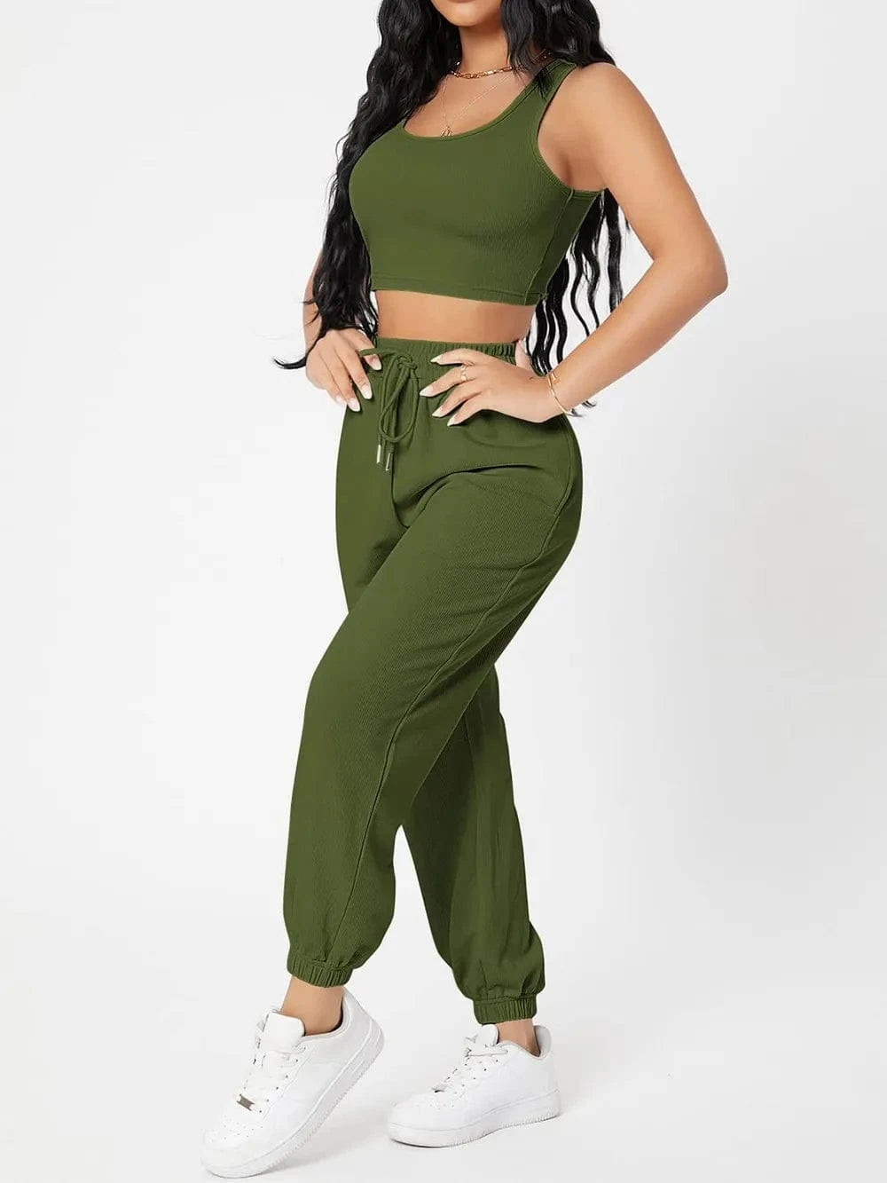 Wide Strap Top and Drawstring Joggers Set - ShalayeFashion