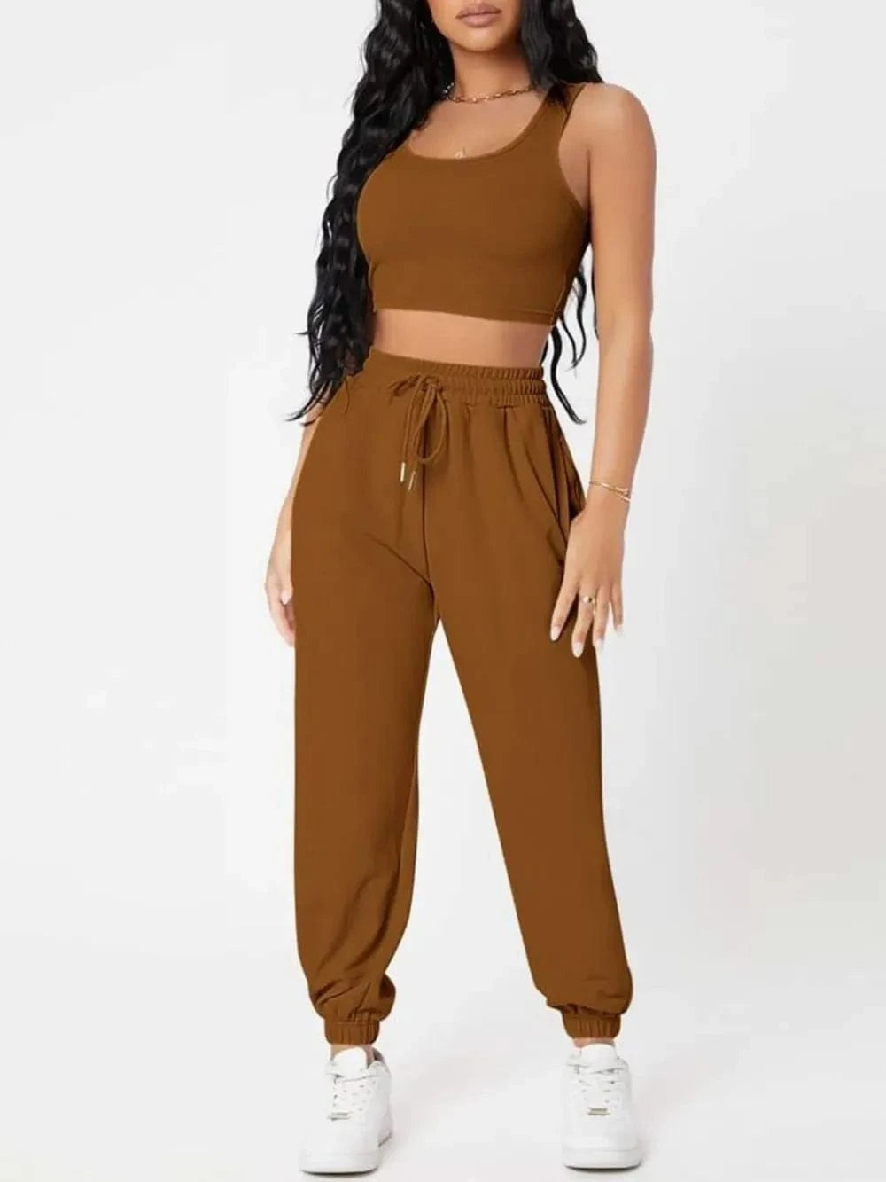 Wide Strap Top and Drawstring Joggers Set - ShalayeFashion
