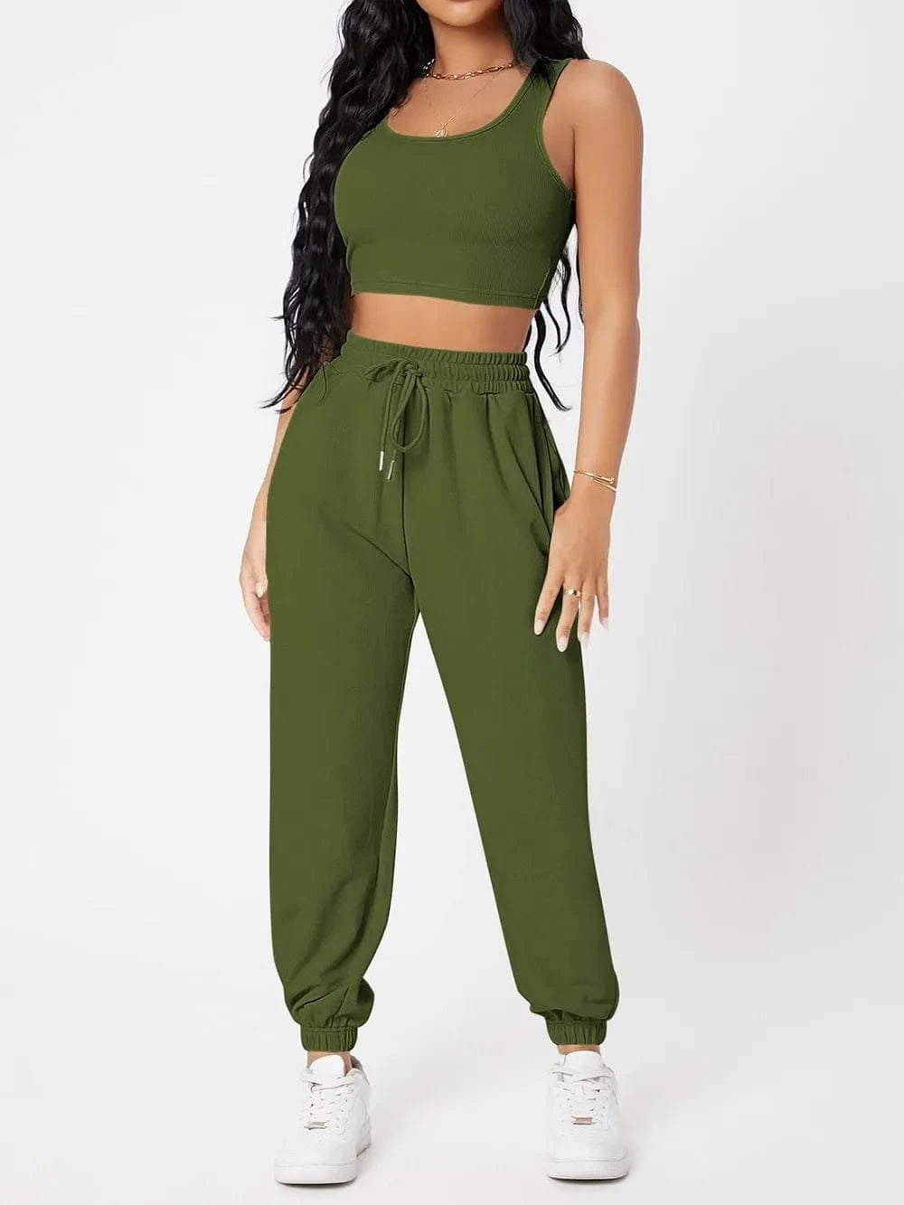 Wide Strap Top and Drawstring Joggers Set - ShalayeFashion