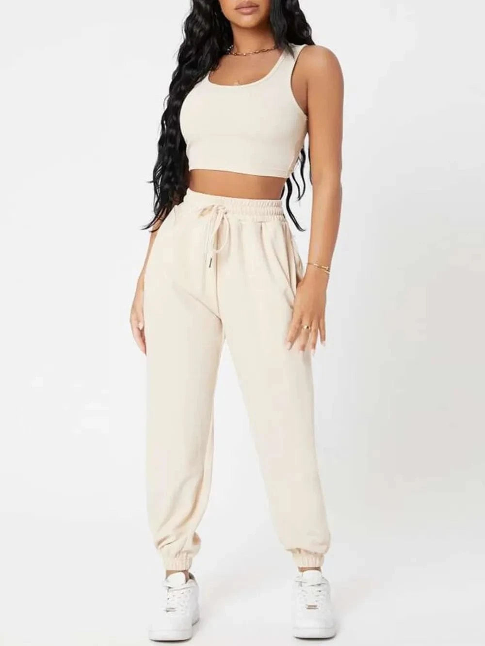 Wide Strap Top and Drawstring Joggers Set - ShalayeFashion