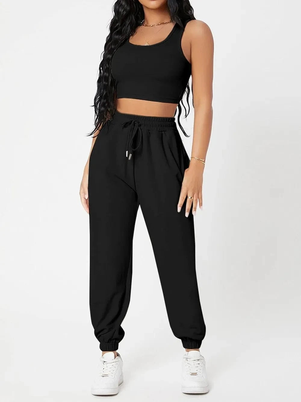 Wide Strap Top and Drawstring Joggers Set - ShalayeFashion