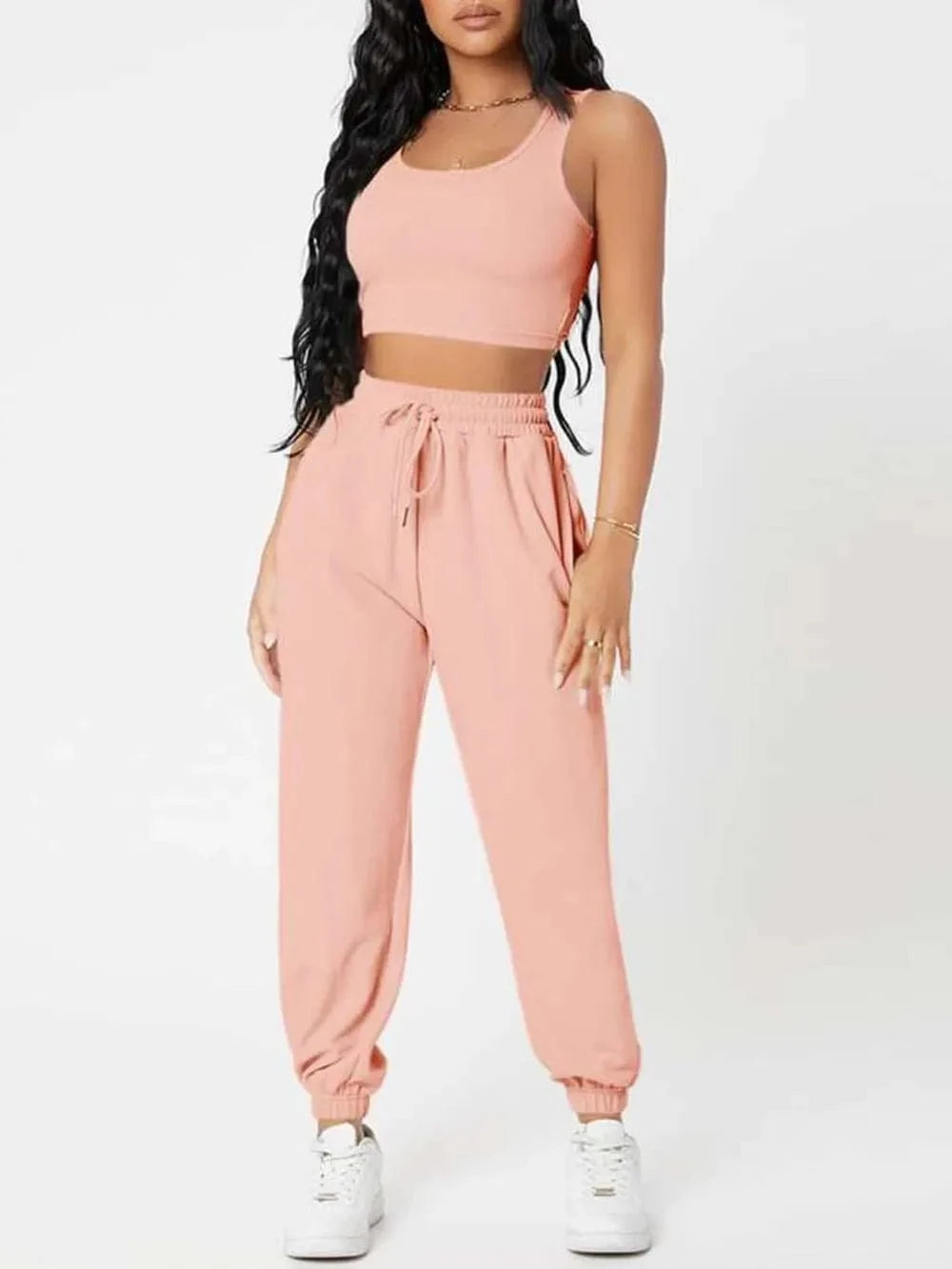 Wide Strap Top and Drawstring Joggers Set - ShalayeFashion