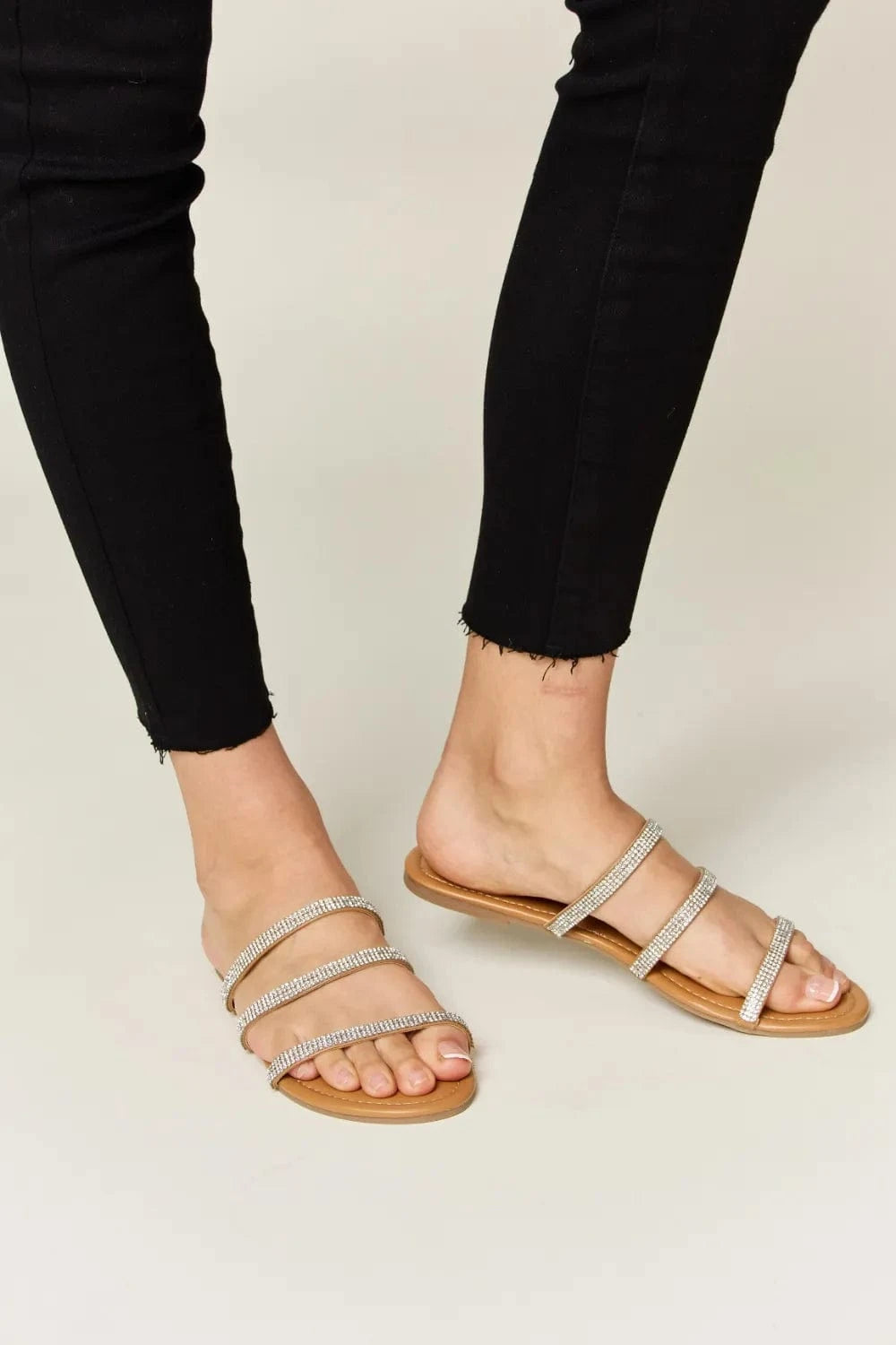 WILD DIVA Rhinestone Three - Strap Flat Sandals - ShalayeFashion