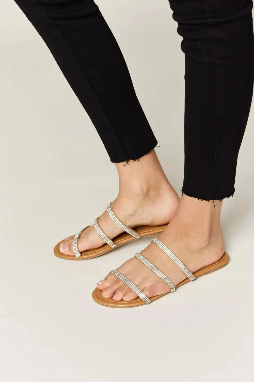 WILD DIVA Rhinestone Three - Strap Flat Sandals - ShalayeFashion