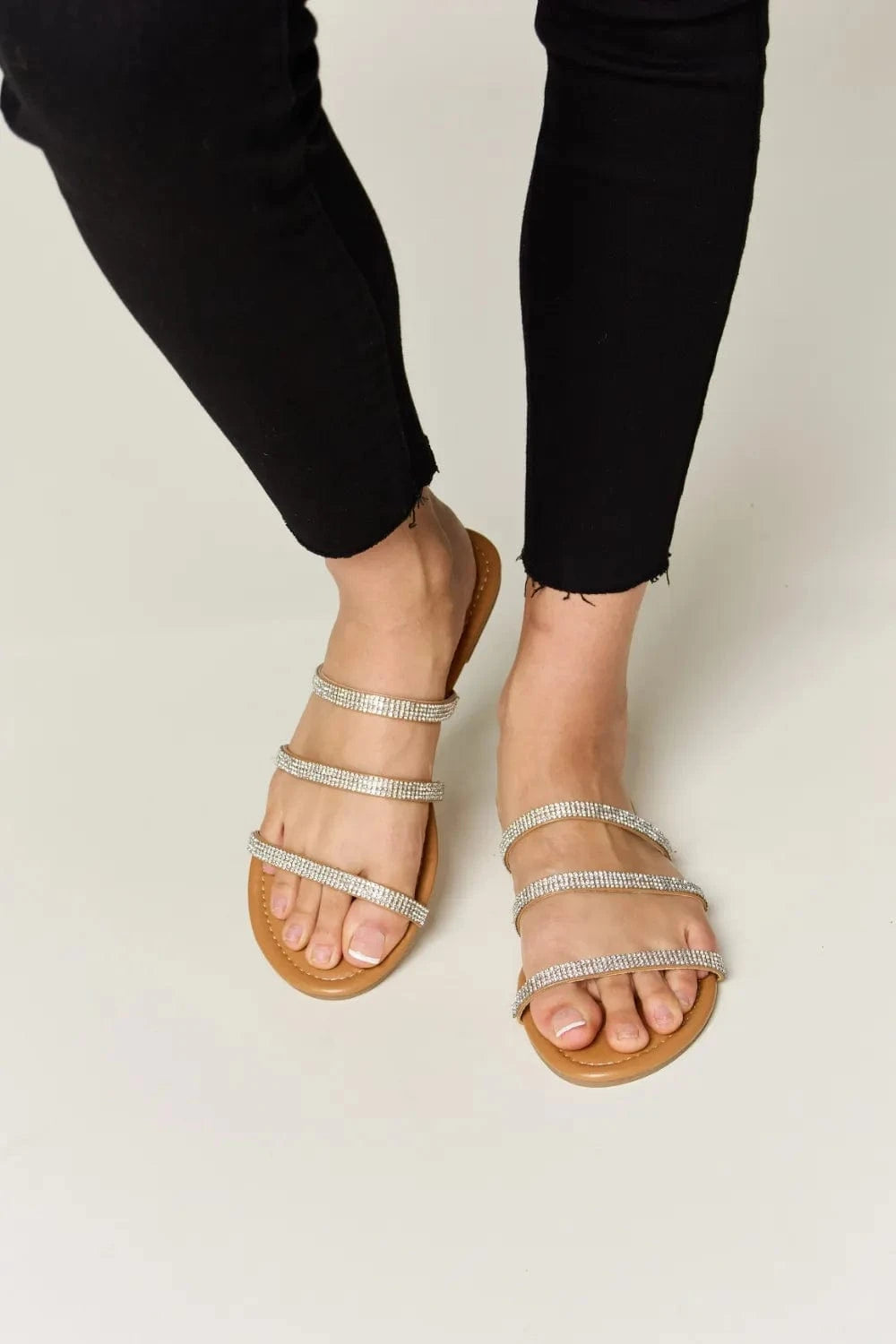 WILD DIVA Rhinestone Three - Strap Flat Sandals - ShalayeFashion