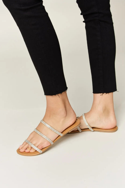 WILD DIVA Rhinestone Three - Strap Flat Sandals - ShalayeFashion