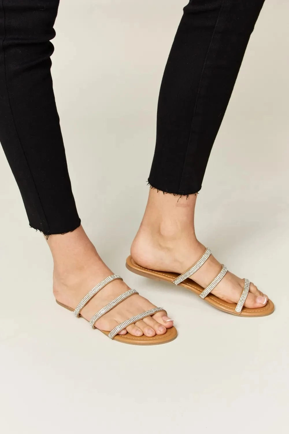 WILD DIVA Rhinestone Three - Strap Flat Sandals - ShalayeFashion