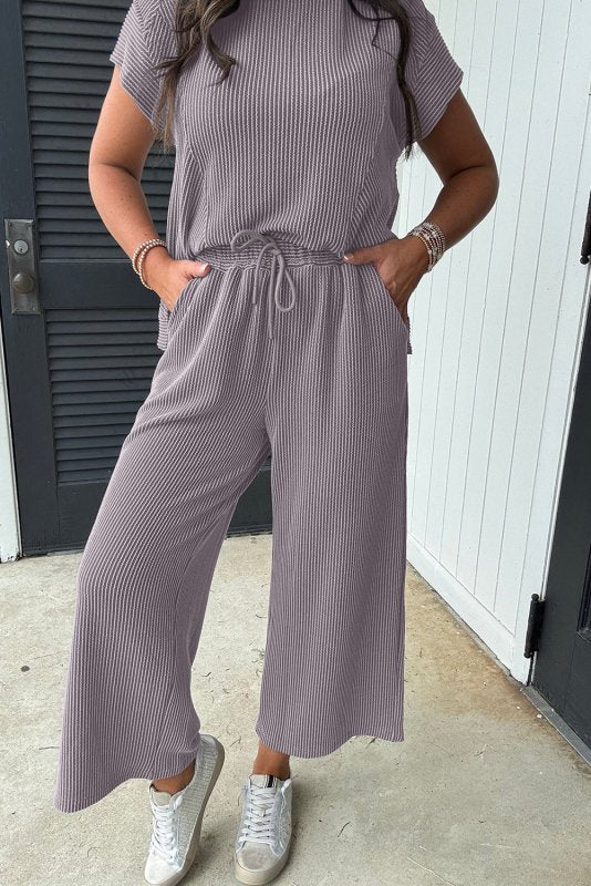 Wild Wind Corded Knit Tee & Pants Set - ShalayeFashion