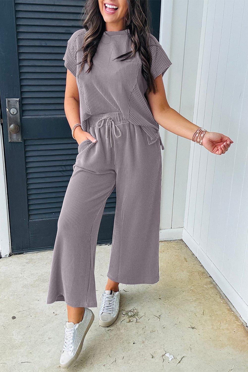 Wild Wind Corded Knit Tee & Pants Set - ShalayeFashion