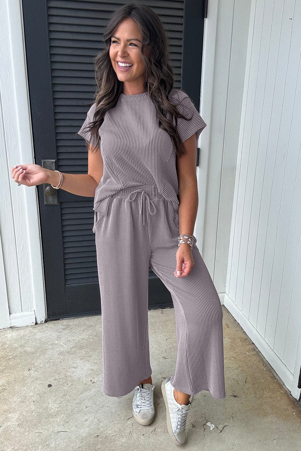 Wild Wind Corded Knit Tee & Pants Set - ShalayeFashion