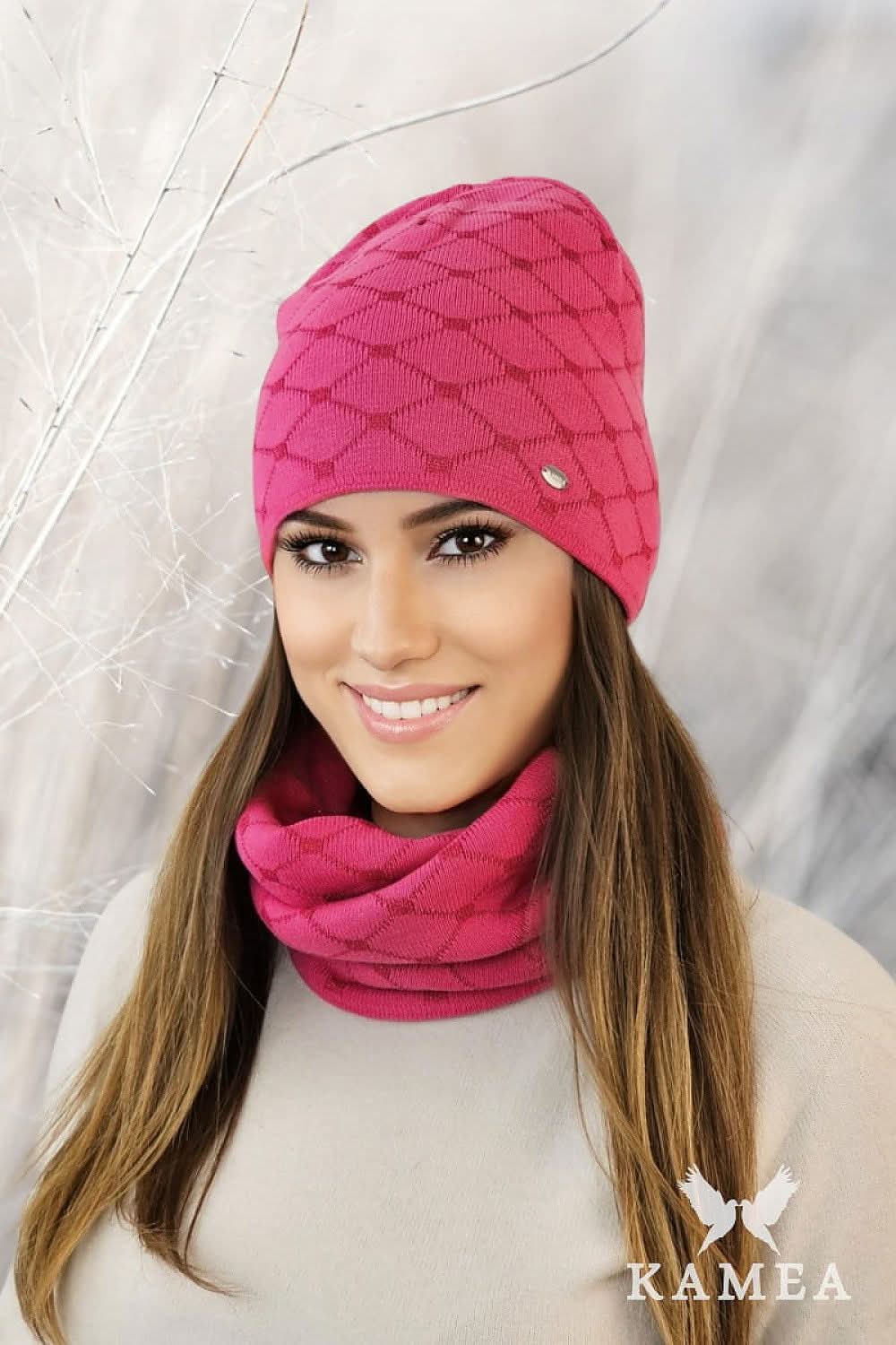 Winter Hat Set Cotton Diamond Pattern Ecru - ShalayeFashion