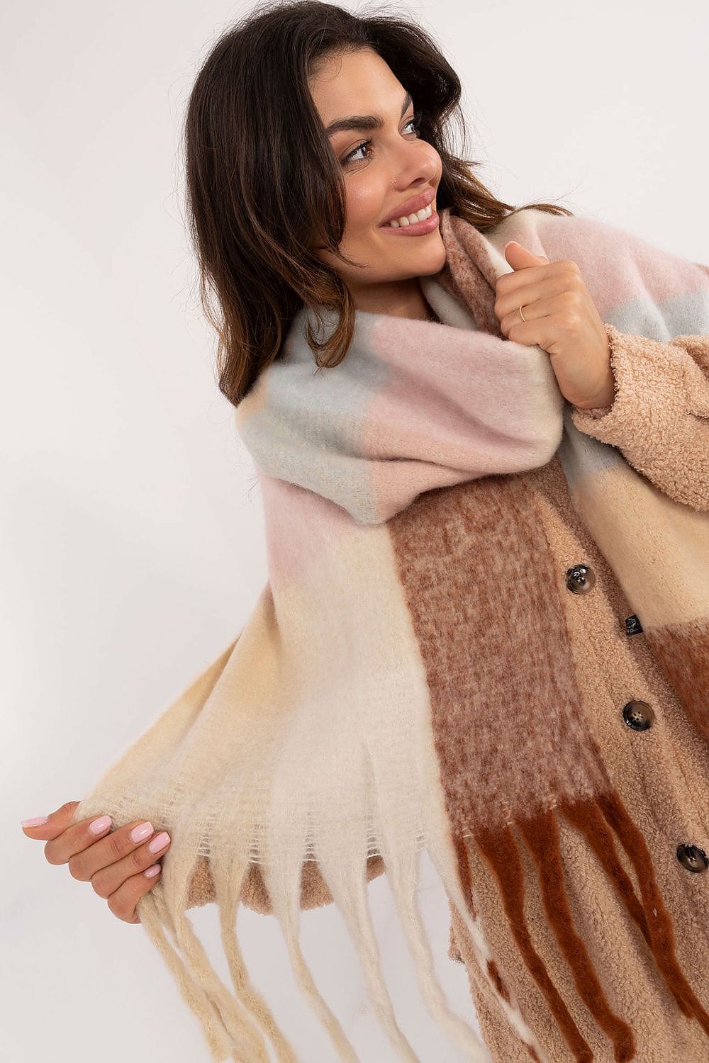 Women Check Pattern Scarf Polyester Tassels - ShalayeFashion