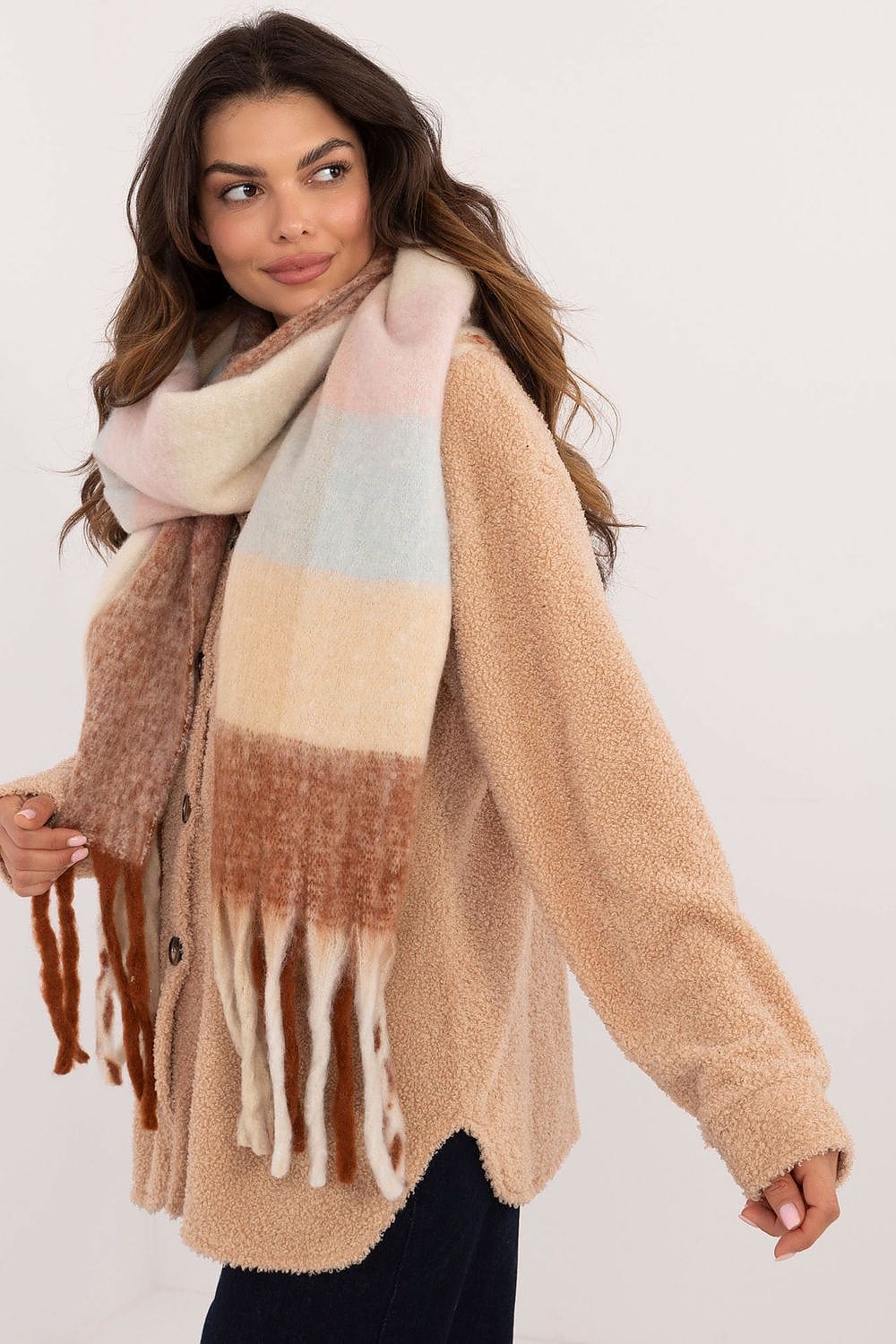 Women Check Pattern Scarf Polyester Tassels - ShalayeFashion