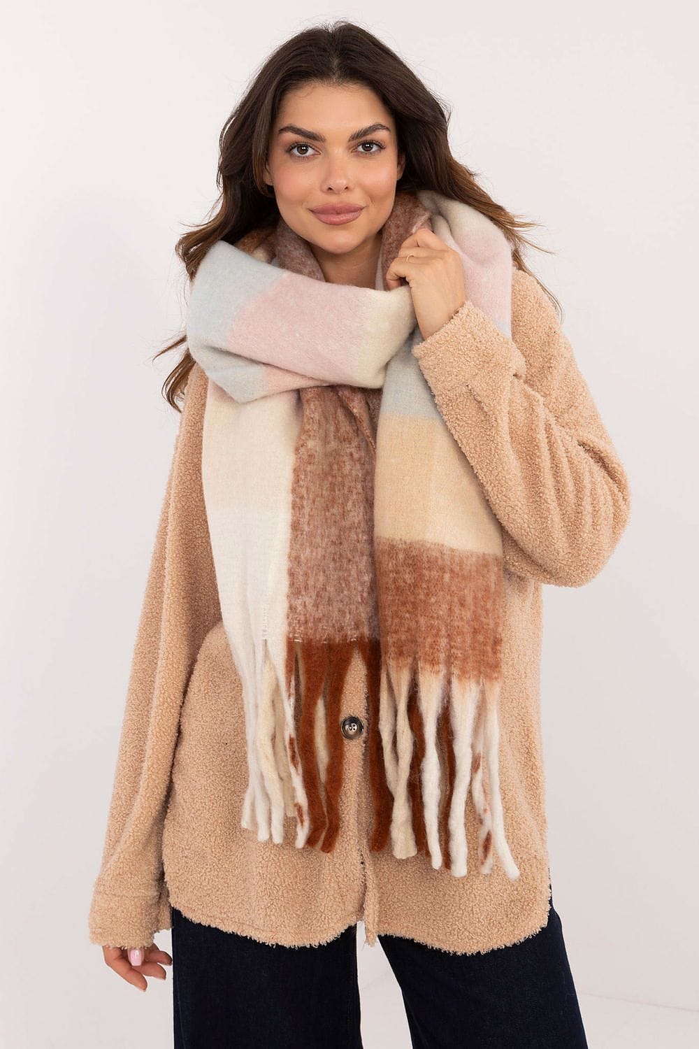Women Check Pattern Scarf Polyester Tassels - ShalayeFashion