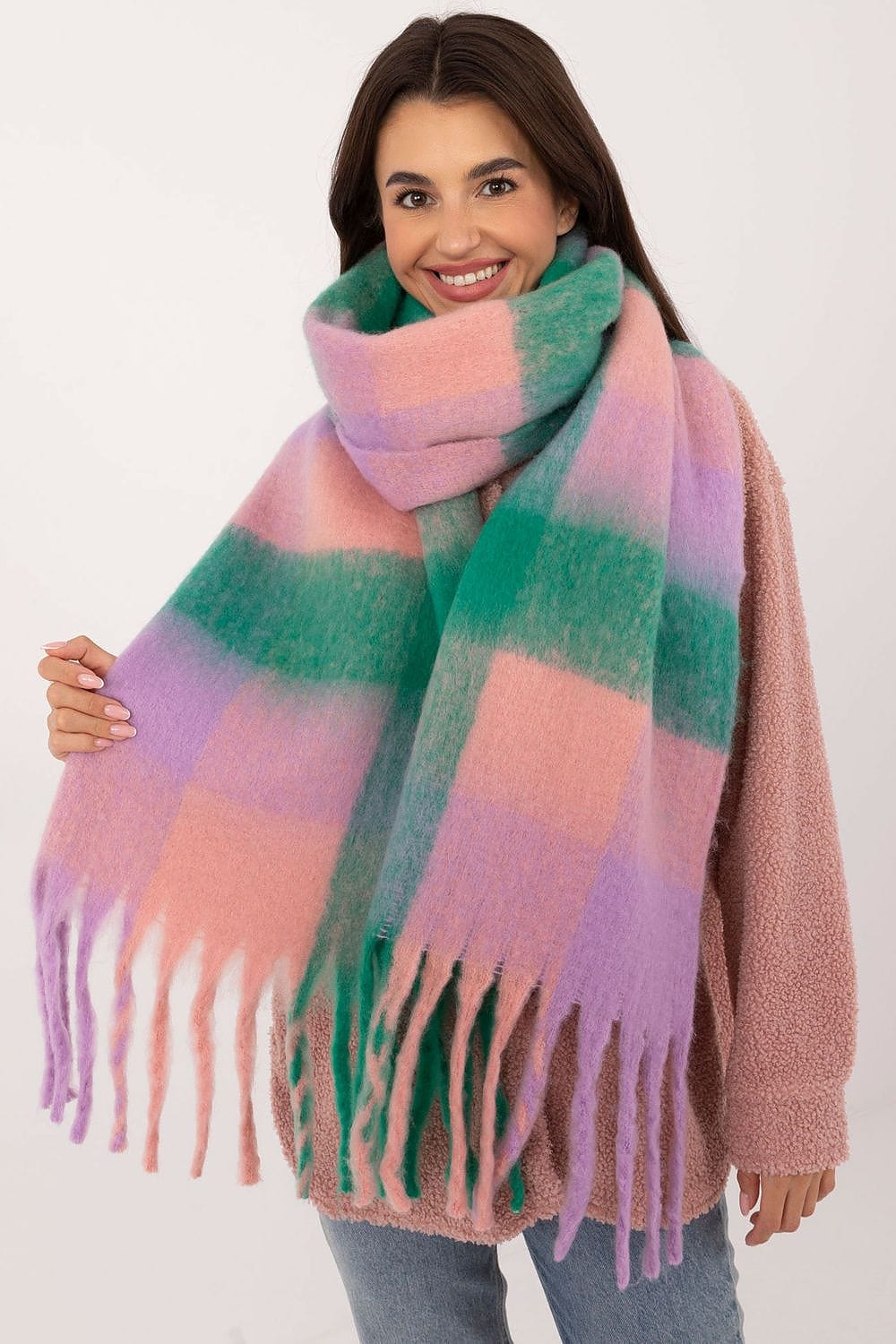 Women Check Pattern Scarf Polyester Tassels - ShalayeFashion