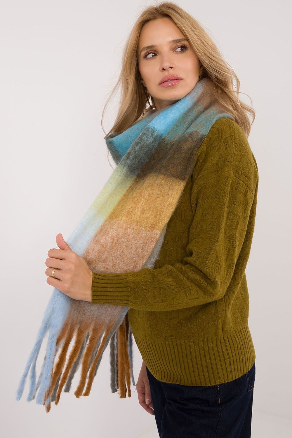 Women Check Pattern Scarf Polyester Tassels - ShalayeFashion